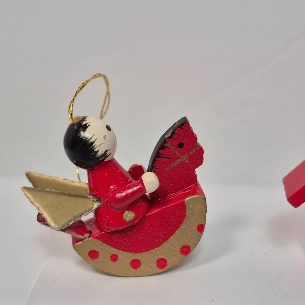 Vintage Miniature Angel Ornaments Lot Of 10 Mini Wooden Red Gold Christmas